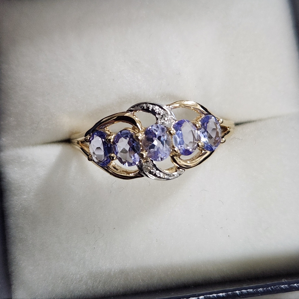 SALE Solid 14K Gold Natural 5 Stone Tanzanite Diamond Ring Sz 7 - Picture 6 of 13